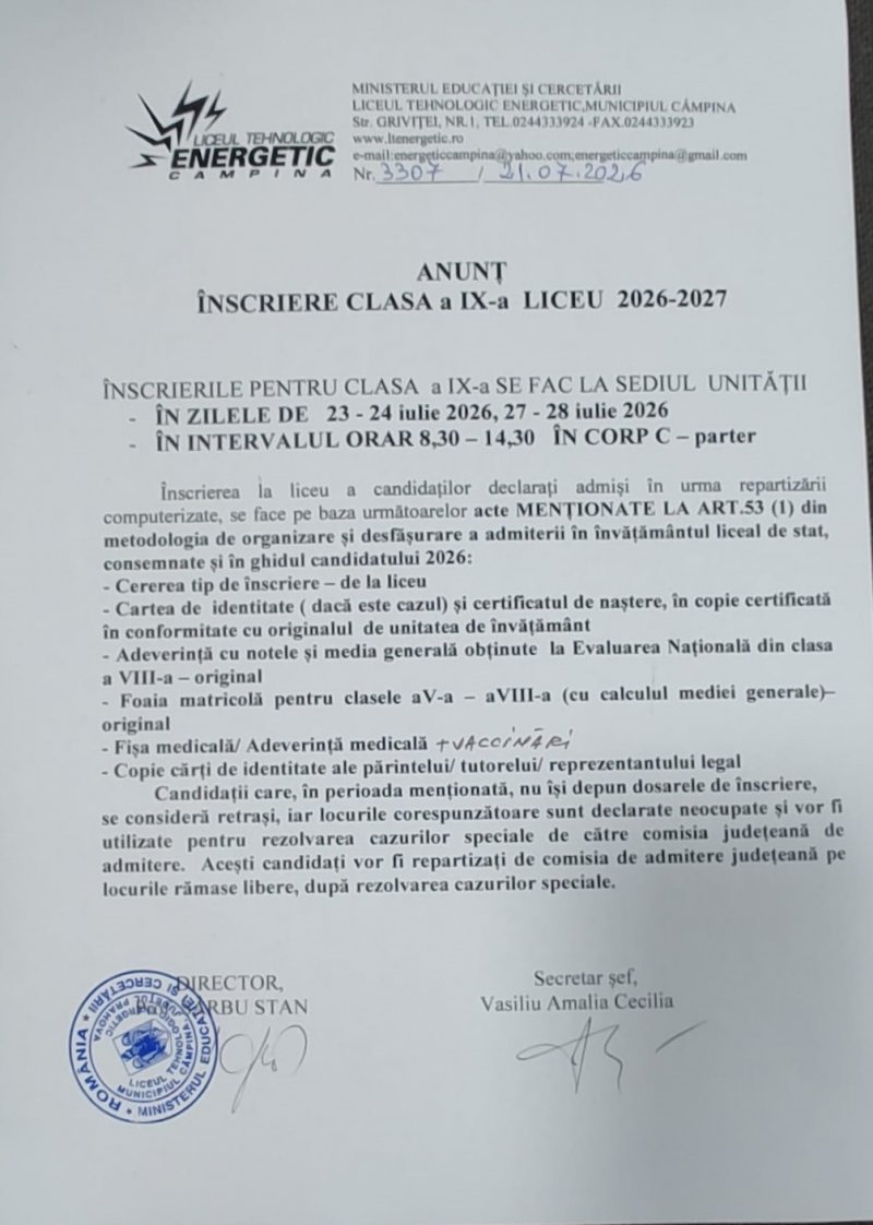Anunt inscriere clasa 9_1